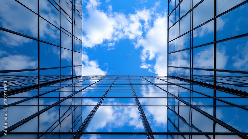 Poster skyward view of modern glass buildings reflecting clouds and blue sky in an urban architectural sett
