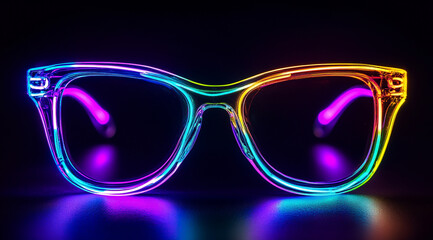 A pair of neon glasses on a black background, front view,