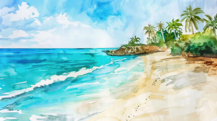 Fototapeta premium watercolor painting of ocean an a beach