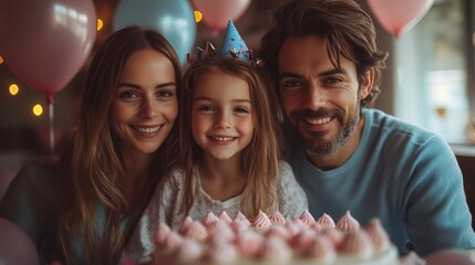 Family Celebrating a Birthday with a Cake Balloons and Party Hat. Generative AI