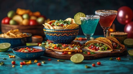 Fototapeta premium Colorful Mexican Themed Party with Tacos Margarita Drinks and Festive Decorations. Generative AI