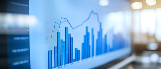A close-up view of a digital screen displaying various bar graphs and trend lines, representing data analysis and business performance metrics in a modern office environment.