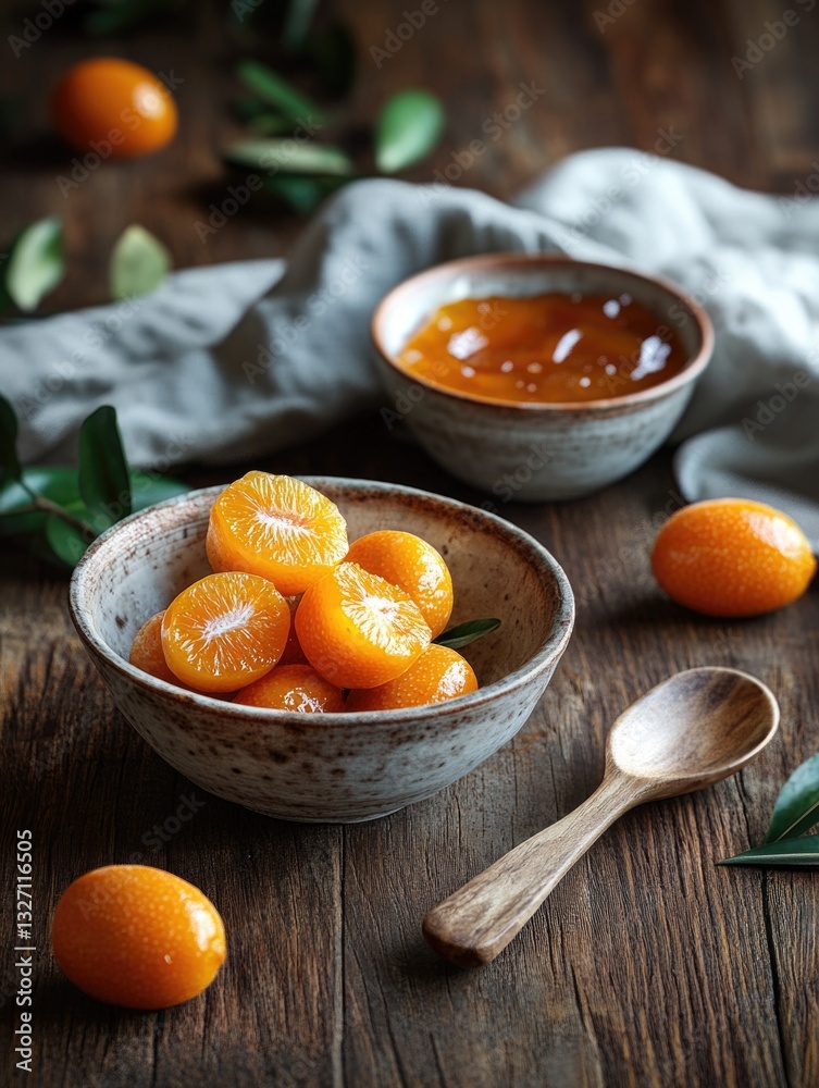 Aufkleber A rustic wooden table with various sizes and shapes of oranges in bowls