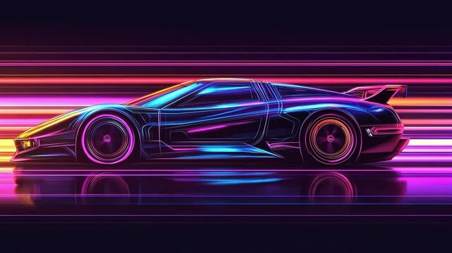 A car is shown in a neon color with a bright blue stripe