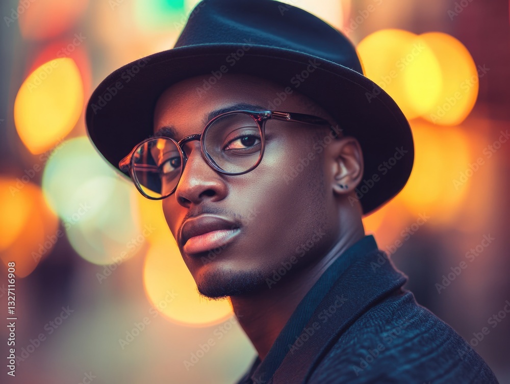 Poster a man wearing a hat and glasses looks directly at the camera in this portrait image