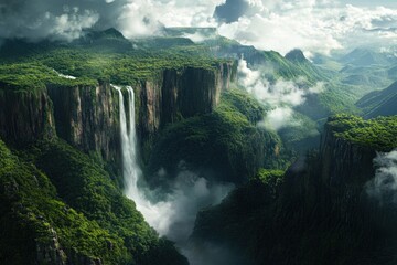 Fototapeta premium Majestic waterfall cascading into lush valley, dramatic mountain backdrop
