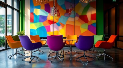 Colorful Chair Arrangement in Modern Office Space with Artistic Wall