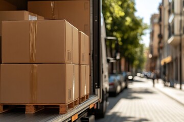 delivery, the truck is parked on a city street, there is a pallet with boxes on it. The boxes are marked with barcodes and stacked on top of each other.