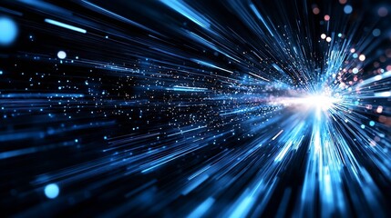 Abstract digital artwork depicting futuristic blue light streaks and particles in a mesmerizing cosmic scene : Generative AI