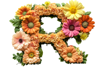 Colorful floral letter R design on transparent background