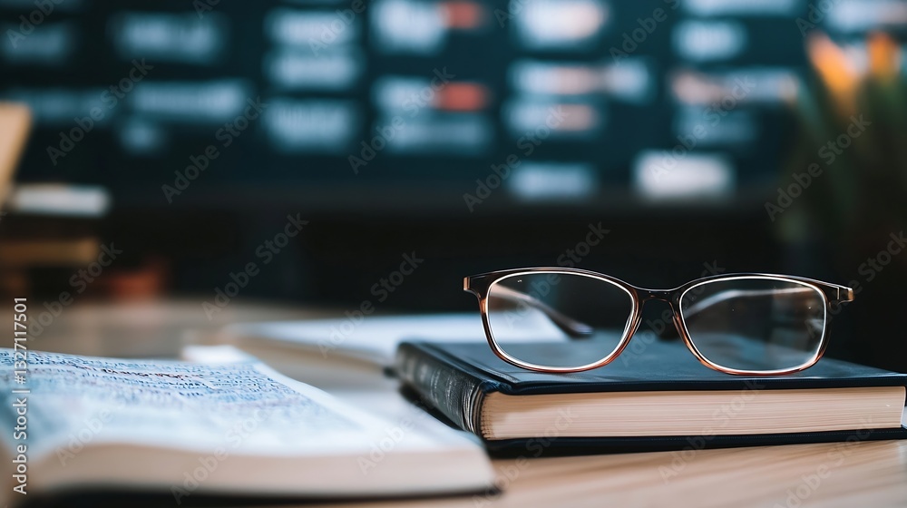 Poster stylish glasses resting on open books with blurred blackboard and warm coffee ambiance in a cozy stu