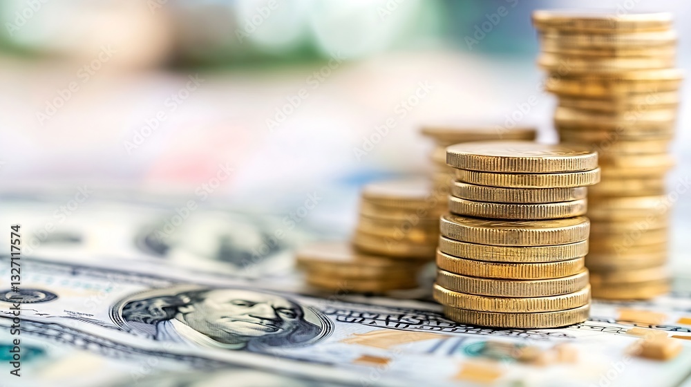 Poster closeup of stacked coins and dollar bills representing economic growth and financial stability conce