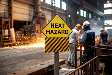 A warning sign for heat hazards is prominently displayed in a factory with workers operating in a high-temperature environment.