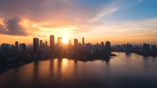 Stunning city skyline at sunset with golden reflections on calm water : Generative AI - Powered by Adobe