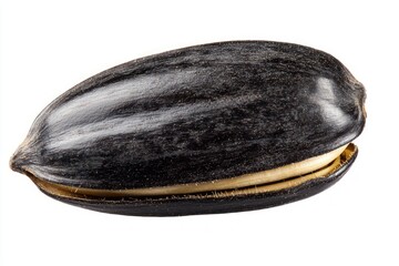 Single sunflower seed closeup on a white background displaying natural texture and color detail natural light studio shot