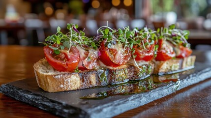 Bruschetta Topping with Red Tomatoes and Fresh Greens Garnished on Rustic Bread Slice on a Slate Tray