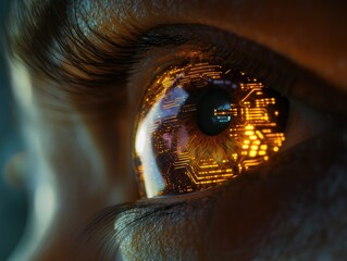 A close-up shot of a human eye with an embedded microchip or circuit in the iris, suitable for futuristic or sci-fi themes