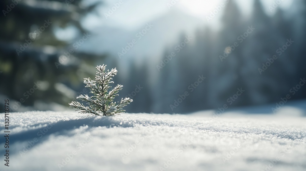 Aufkleber A small evergreen tree growing in a snowy landscape with sunlight filtering through the trees in a serene winter scene : Generative AI
