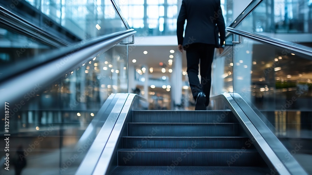 Poster Business professional walking up modern escalators in a stylish urban office building : Generative AI