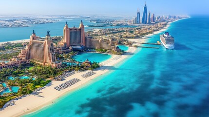 Dubai Coastline, Hotels, Cruise Ship, Aerial View