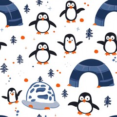 Fototapeta premium Seamless Pattern Featuring Cute Penguins and Igloos for Winter Themes