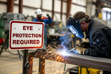 A welder is working on metal, surrounded by safety signs, emphasizing the importance of eye protection in a workshop setting.