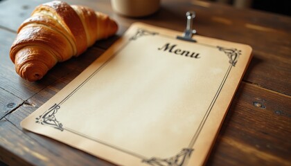 Rustic Wooden Table Mockup: Croissant, Coffee, Menu Card Design. A croissant sits on a wooden table next to a menu.