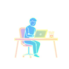 Person sitting at desk with laptop holographic 3D icon. neon symbol vector illustration isolated on white background. Generative AI