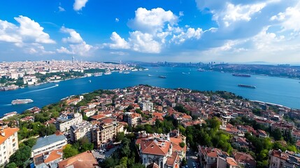 Obraz premium Expansive view of the city and waterways framed by bright blue skies and fluffy white clouds : Generative AI