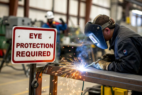 A welder is working on metal, surrounded by safety signs, emphasizing the importance of eye protection in a workshop setting. - Powered by Adobe