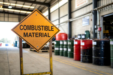A yellow warning sign indicating "COMBUSTIBLE MATERIAL" is placed in a warehouse with rows of colorful barrels in the background.