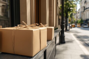 delivery, Brown cardboard boxes tied with ribbon, stands on ledge on a city street. box is wrapped in brown paper with barcode printed on it. action takes place against background of buildings.
