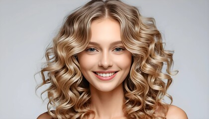 Belle femme mannequin blonde cheveux mi-longs bouclés. Coiffure de femme souriante avec boucles ondulées. Coloration, balayage. Soins et coloration capillaires. Mode, beauté et maquillage.