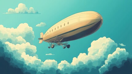A large airship is floating among the fluffy white clouds in the sky