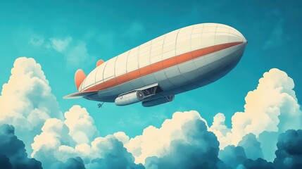 An airship flies gracefully among clouds in a beautiful sky