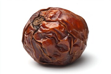 Obraz premium Close up of a wrinkled dried dark date on a white surface capturing its texture and rich color simple food
