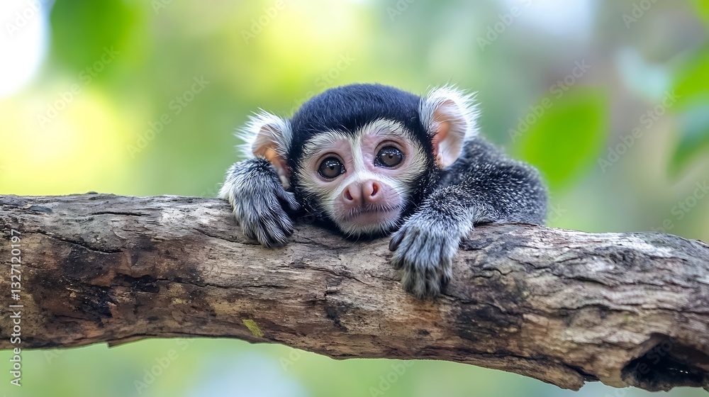 Poster adorable young monkey resting on a branch with a curious expression outdoors : generative ai