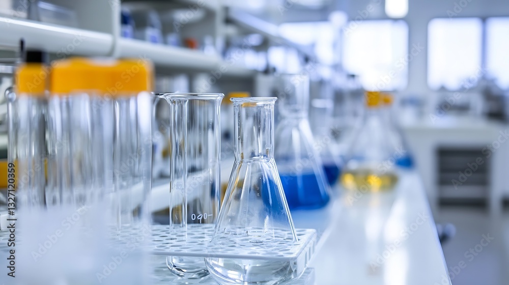Poster Laboratory setup with various glassware and colorful liquids representing scientific research and experiments : Generative AI