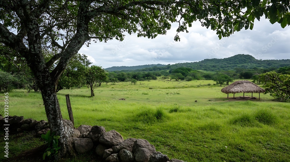 Poster lush green meadow under a majestic tree with a thatched roof hut in the background : generative ai
