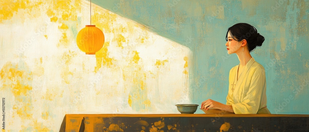Poster a person sitting at a table with unknown contents