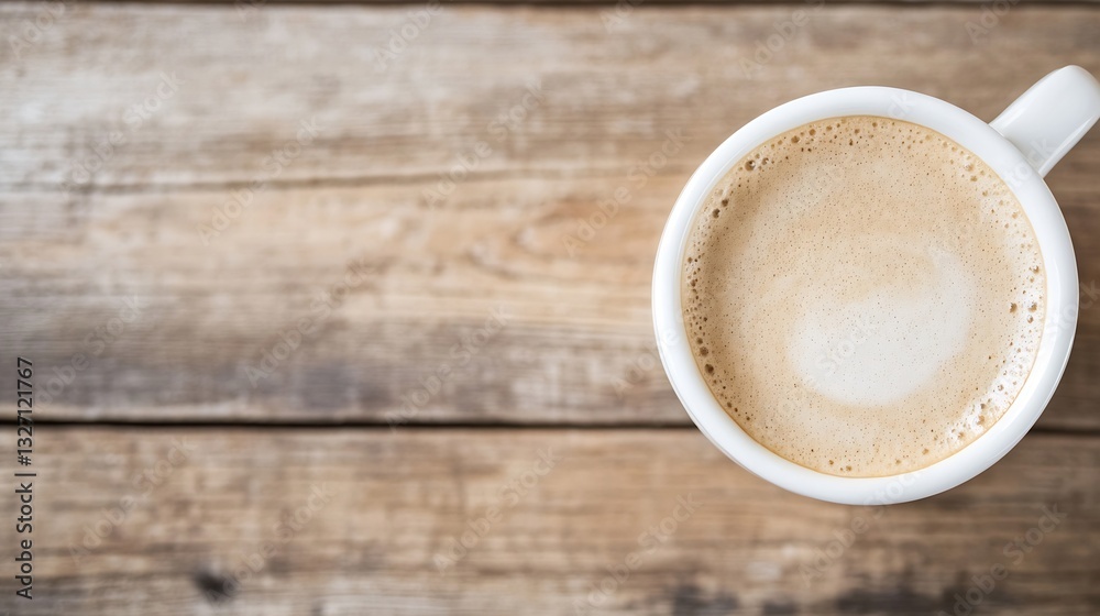 Poster top view of fresh coffee mug creamy foam on rustic wooden table evoking comfort and warmth : generat