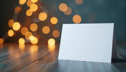 Obraz premium Festive Mockup: White Card on Wooden Table with Golden Bokeh Lights. A blank white card sits on a wooden table.