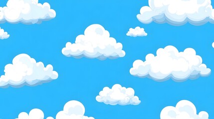 Seamless Pattern of Cute White Fluffy Clouds on Bright Blue Sky