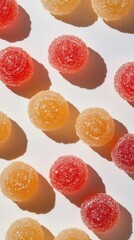 Colorful gummy candies in vibrant red and yellow hues arranged on a clean white background casting soft shadows creating a playful and inviting mood