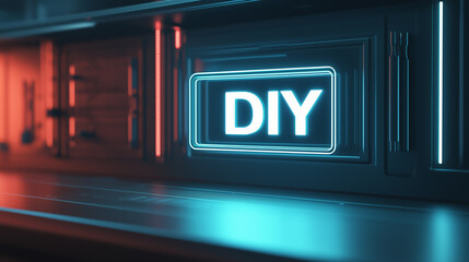A rustic workbench with a brushed steel DIY sign, soft shadows and golden hour lighting, blurred background, cinematic 4K shot, copy space on the right