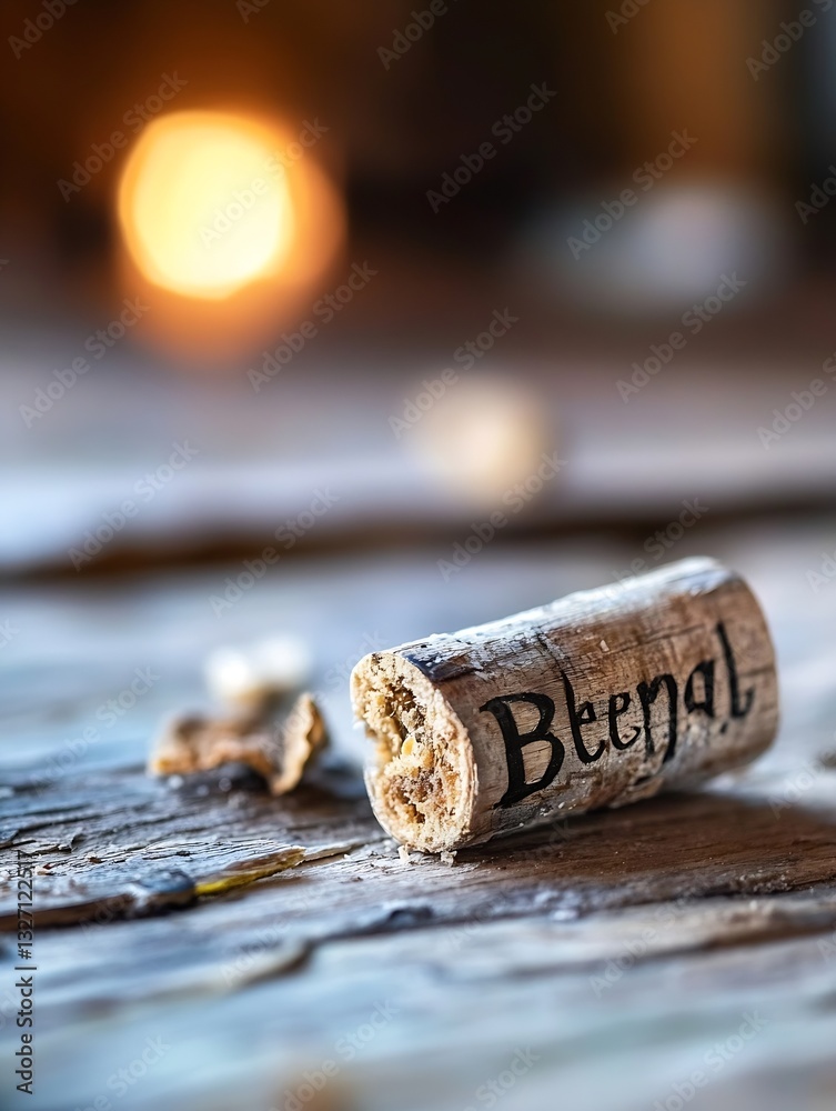 Poster wine cork engraved with the word bteenal on a rustic wooden table : generative ai