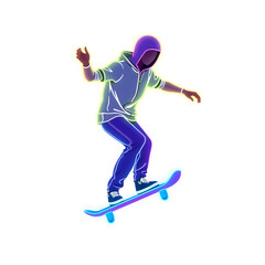 Obraz premium Person skateboarding holographic 3D icon. neon symbol vector illustration isolated on white background. Generative AI