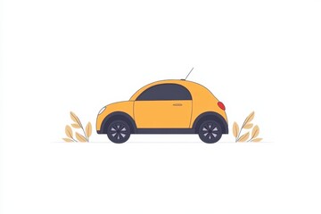 Obraz premium small yellow car is parked on the road. The car is parked in front of a tree. A flat illustration is an image for a mobile application. retro car on a white background.