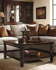 A brown couch is in a living room with a brown coffee table in front of it