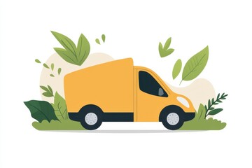 yellow van is parked in a grassy area. a machine for door-to-door food delivery, ready meals and restaurants. A flat illustration for online mobile applications for ordering food.